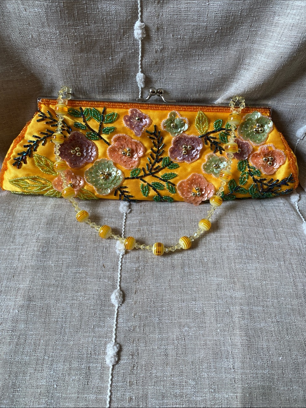 Embellished Yellow Floral Satin Clutch intricate beadwork with Beaded Strap